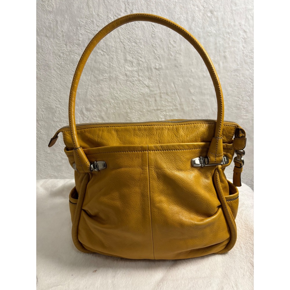 B. Makowsky Mustard Yellow Pebbled Leather Shoulder Bag Leopard Lining